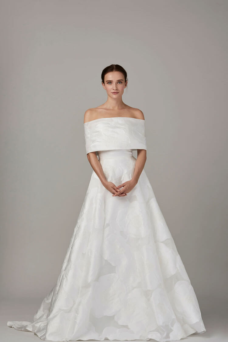 Front view of The Cape wedding gown by Lela Rose