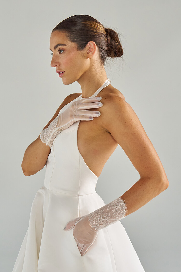 Front view of Margot bridal gloves accessory collection